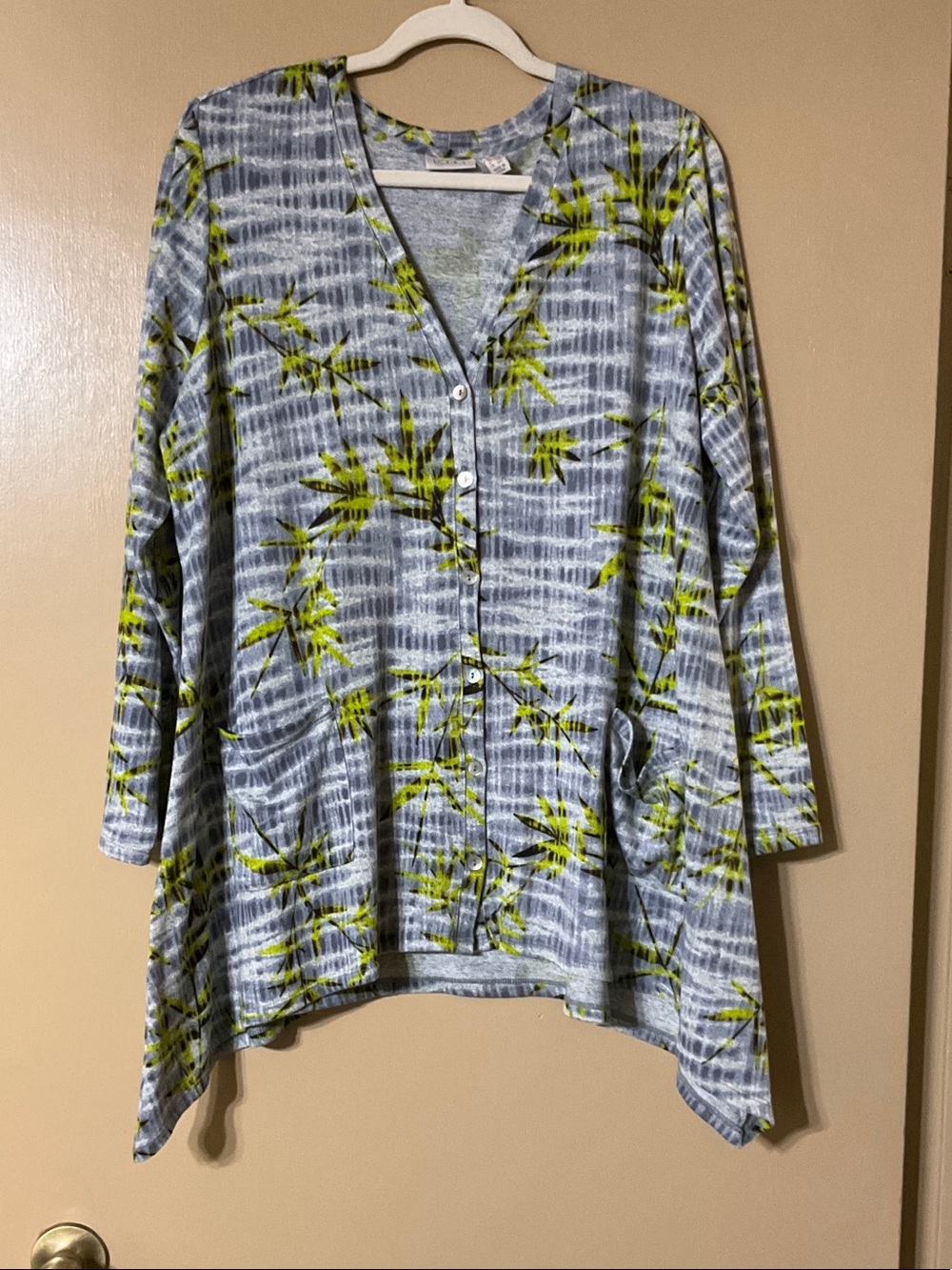 LOGO by Lori Goldstein Blue and Lime Button-Front Tunic Cardigan